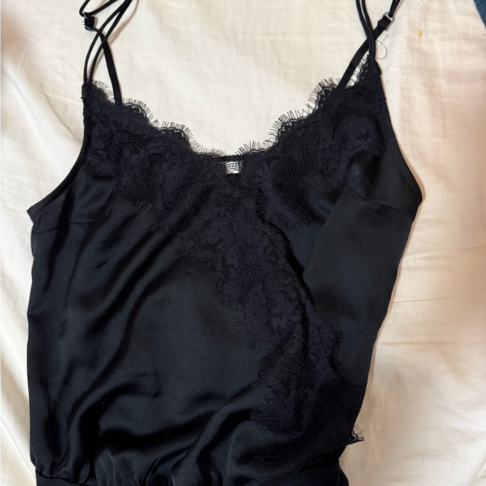 Black Lace Trim Satin Cami bodysuit-xxs